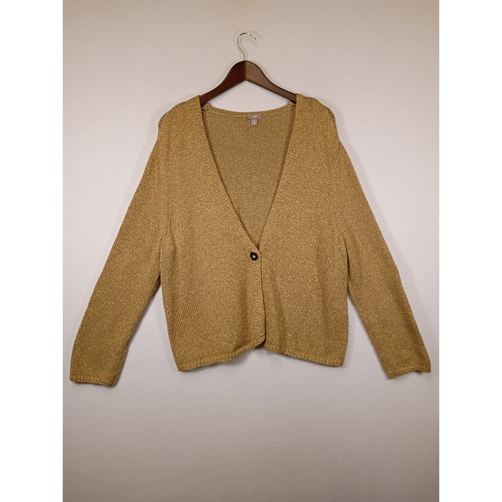 Metallic Shimmer J. Jill Womens XL Petite Gold Single Button V-Neck Cardigan‎
